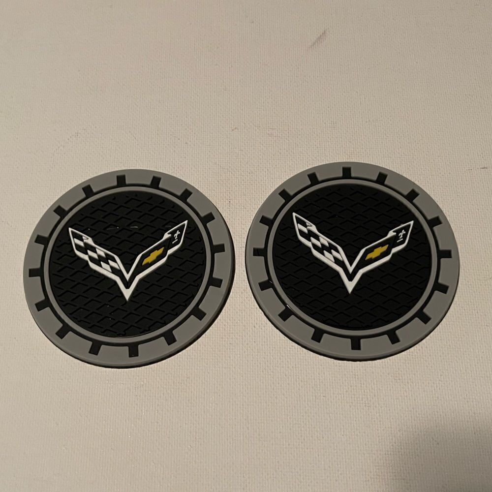 Corvette car cup Coasters in black and gray with logo Set of 2 NWT